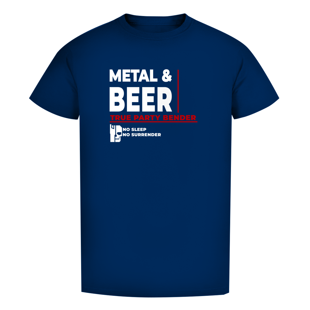 Herren-Bio-T-Shirt (blau) mit Frontaufdruck „METAL & BEER“