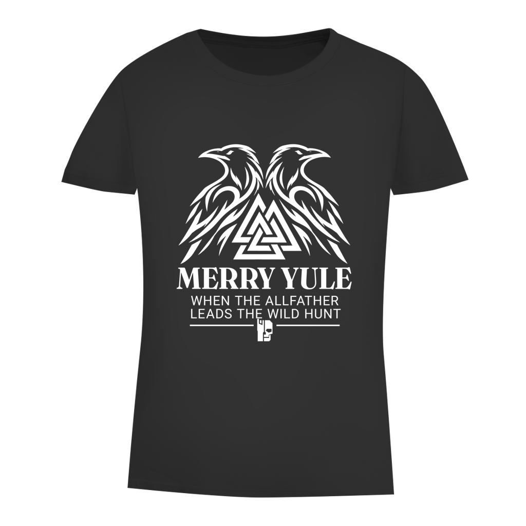 Damen-T-Shirt „Merry Yule“ in Dunkelgrau mit weißem Rabendruck und Rundhalsausschnitt.