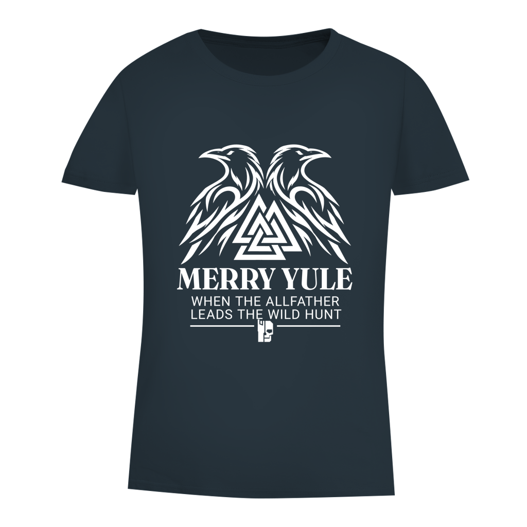 Damen-T-Shirt „Merry Yule“ in dunklem Anthrazit mit weißem Rabendruck.