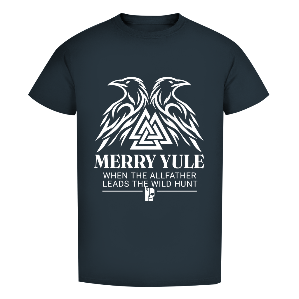 Bio-Herren-T-Shirt in dunklem Blau mit weißem Raben- und Merry-Yule-Aufdruck