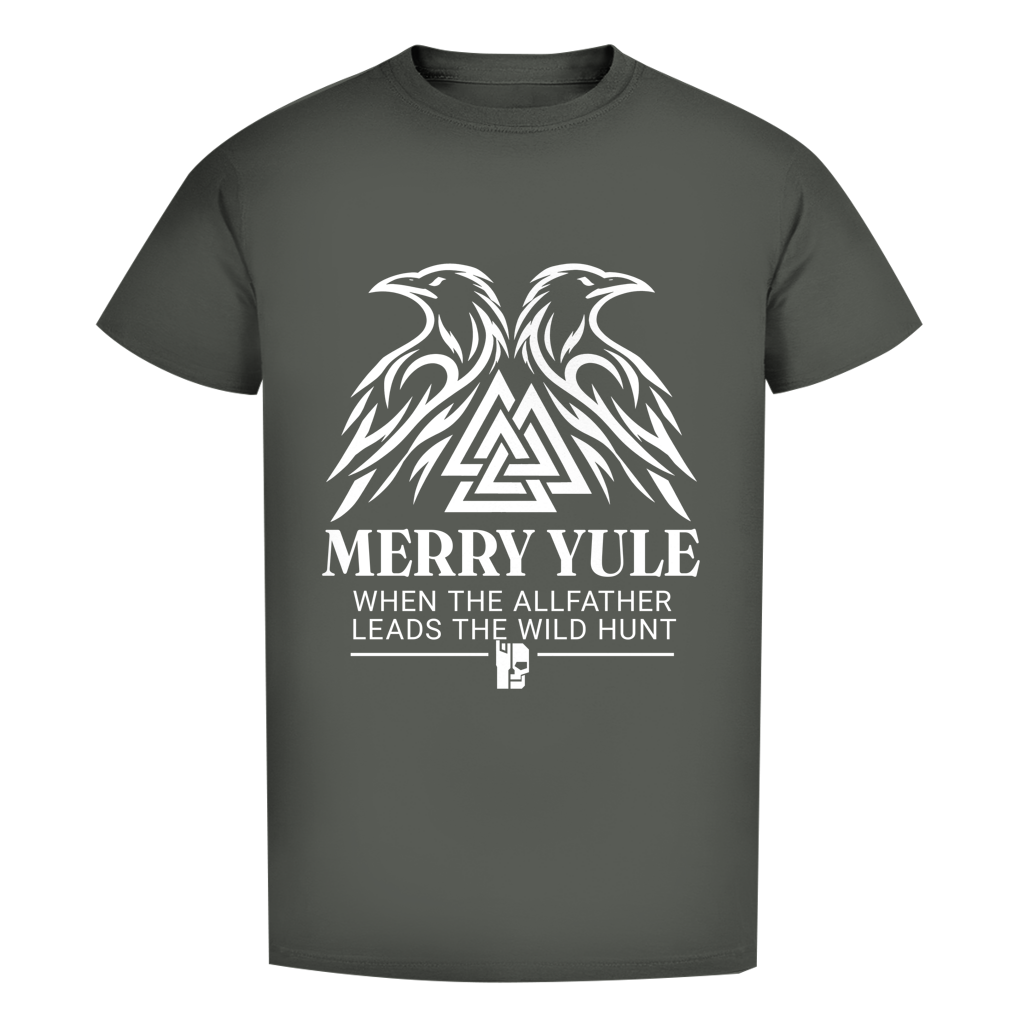 Bio-Herren-T-Shirt in Khaki mit weißem Raben- und Merry-Yule-Aufdruck