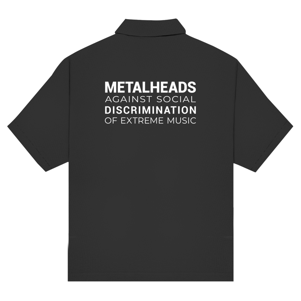 Black unisex polo shirt: METALHEADS back print against music discrimination