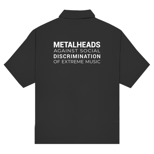 Black unisex polo shirt: METALHEADS back print against music discrimination