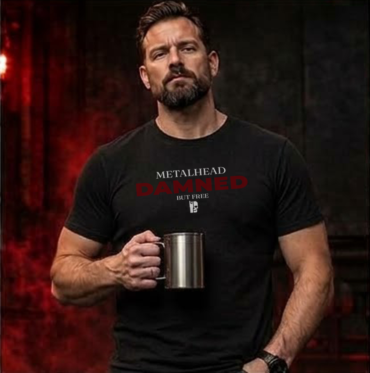 Herren T-Shirt in Schwarz mit großem „DAMNED BUT FREE“ Print