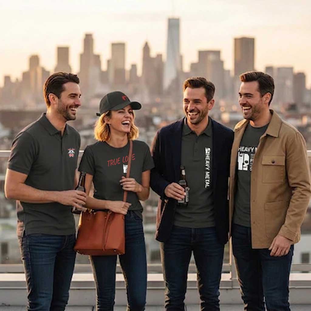 Branded and United: Eine Gruppe in entspannter Atmosphäre auf einer Dachterrasse vor der Stadt-Skyline. Gezeigt wird dezente Metal-Kleidung für den urbanen Lifestyle, darunter ein schwarzes Polo-Shirt, ein „True Love“ Shirt mit Cap und ein Grafik-T-Shirt kombiniert mit einem Sakko. Hochwertige, alltagstaugliche Mode für Metalheads in Beruf und Freizeit.