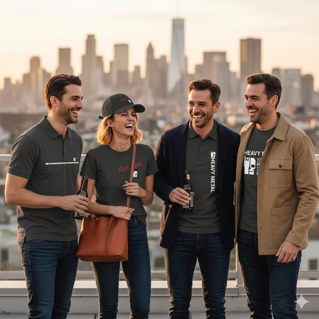 Branded and United: Eine Gruppe in entspannter Atmosphäre auf einer Dachterrasse vor der Stadt-Skyline. Gezeigt wird dezente Metal-Kleidung für den urbanen Lifestyle, darunter ein schwarzes Polo-Shirt, ein „True Love“ Shirt mit Cap und ein Grafik-T-Shirt kombiniert mit einem Sakko. Hochwertige, alltagstaugliche Mode für Metalheads in Beruf und Freizeit.
